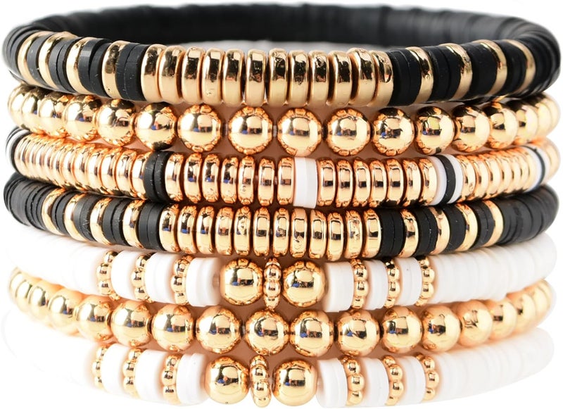 GOOJIDS Surfer Heishi Clay Bead Bracelets for Women Bohemian Stackable Gold Plated Beaded Stretch Bracelets Elastic Layering Friendship Bracelets Set Boho Jewelry - Image 1